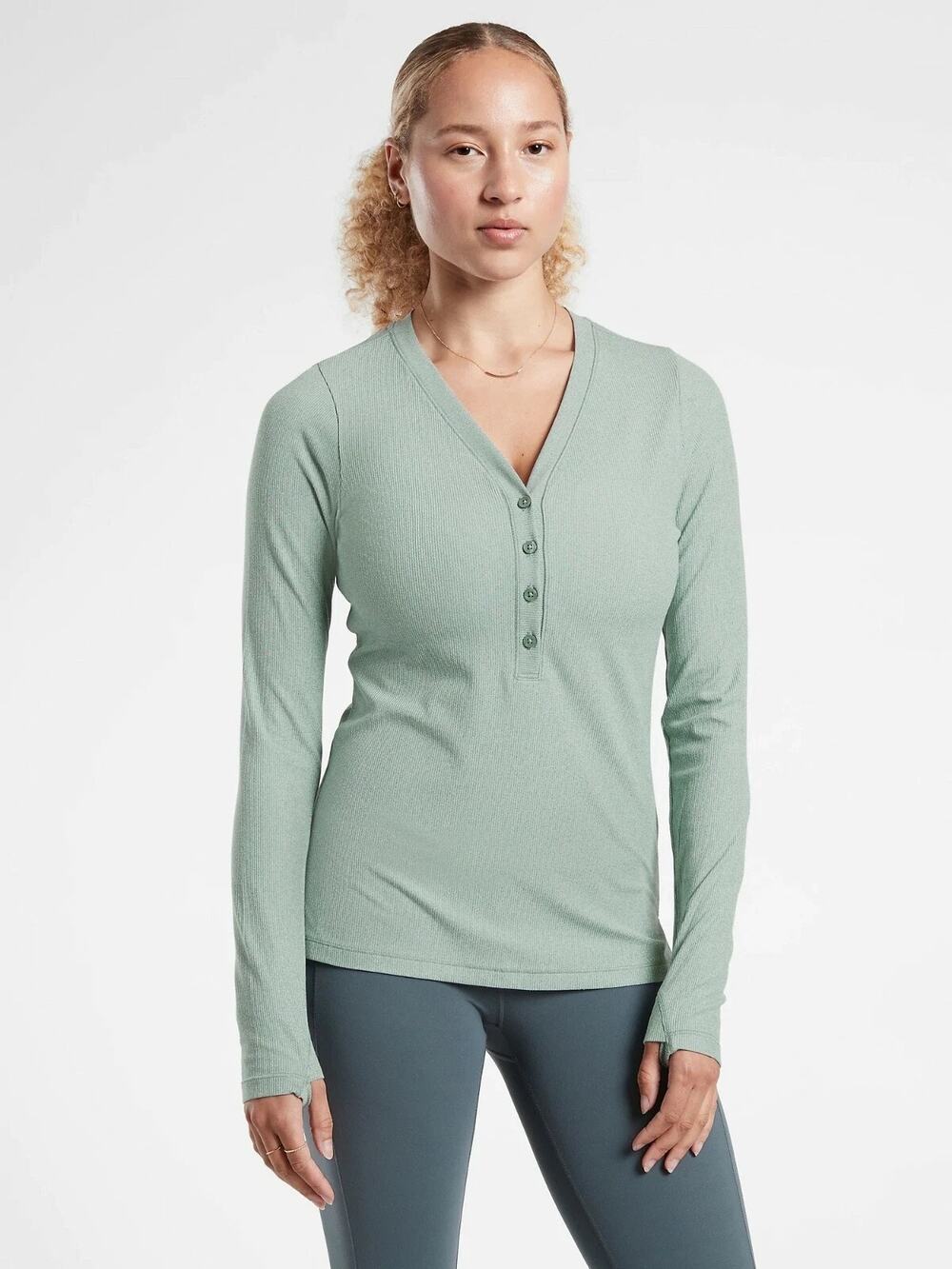 Athleta Uptempo Gray Green Ribbed Henley Long Sleeve Top Medium'